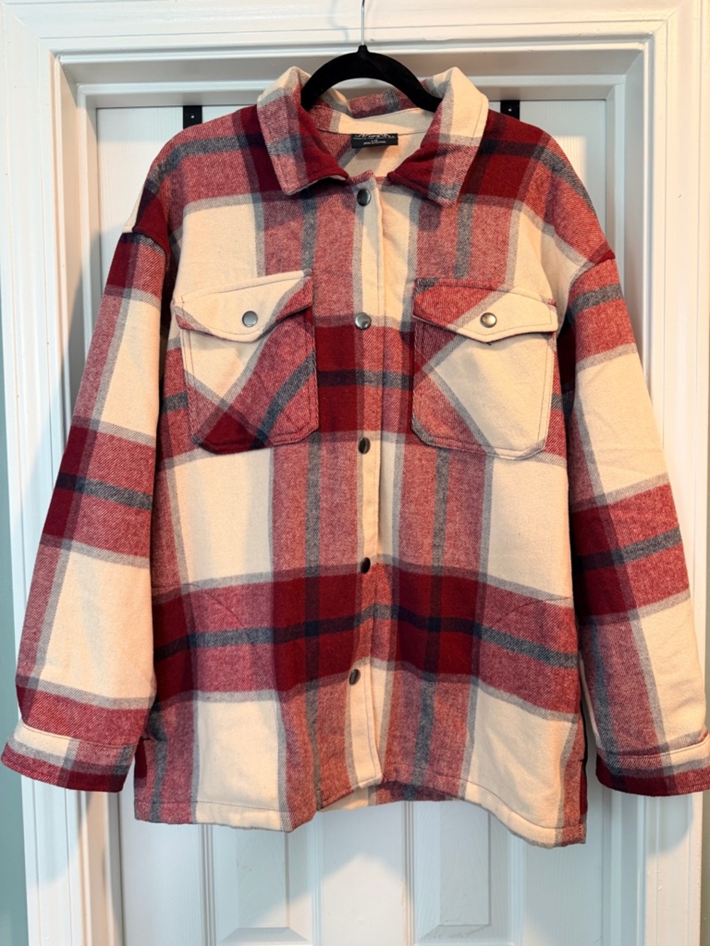 Women's Red & Cream Plaid Shacket Jacket